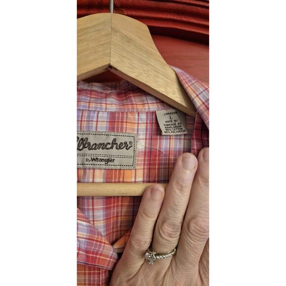 Wrangler Wrancher Large Western Shirt Pearl Snaps Pink Red Rodeo 4H Horse EUC - Picture 3 of 5